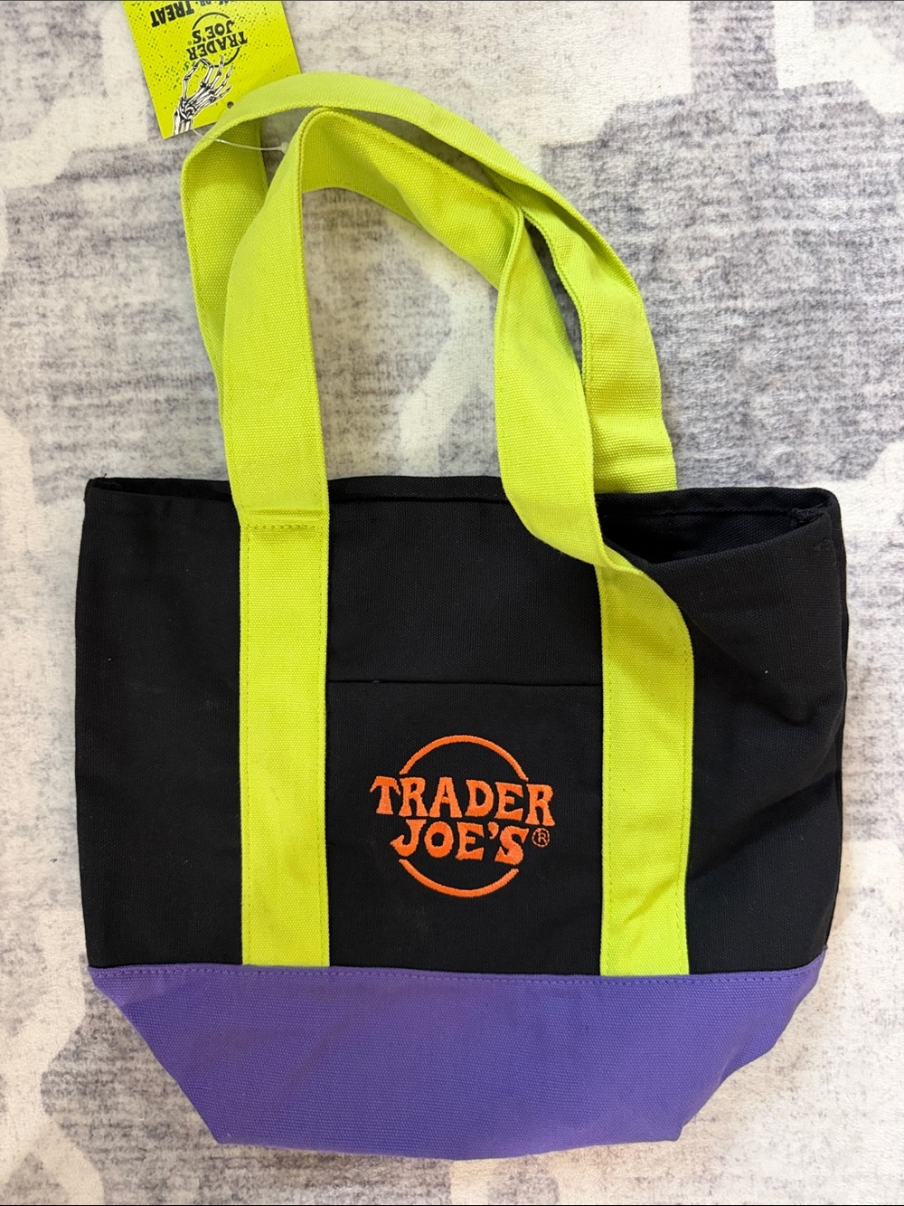 Trader Joe's Black Canvas Trick or Treat Mini Tote Bag Lime Handles Purple Base